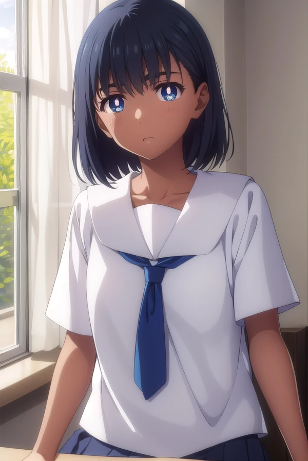 miokofune, <lora:mio kofune s1-lora-nochekaiser:1>,
mio kofune, short hair, blue eyes, black hair, dark skin, dark-skinned female, (bright pupils:1.5),
BREAK skirt, shirt, school uniform, white shirt, short sleeves, pleated skirt, serafuku, socks, blue skirt, white socks,
BREAK indoors, classroom,
BREAK looking at viewer,
BREAK <lyco:GoodHands-beta2:1>, (masterpiece:1.2), best quality, high resolution, unity 8k wallpaper, (illustration:0.8), (beautiful detailed eyes:1.6), extremely detailed face, perfect lighting, extremely detailed CG, (perfect hands, perfect anatomy),