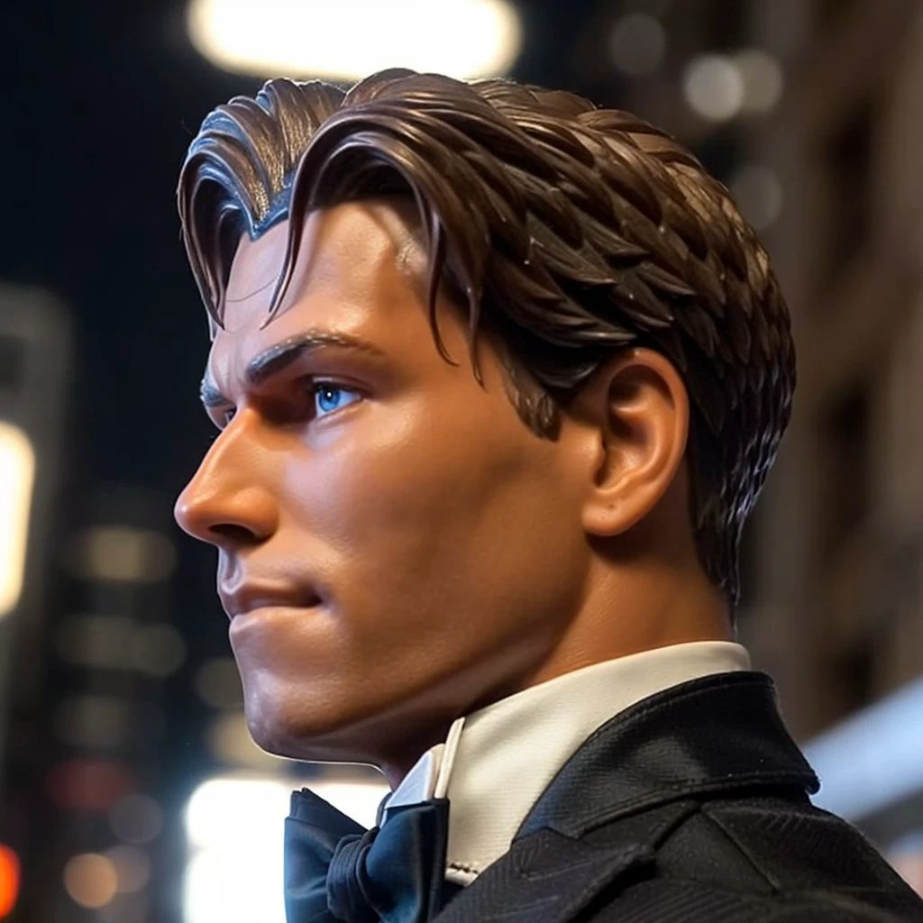 face portrait of maxsteel person using a tuxedo, in blade runner, professional photography, high resolution, 4k, detailed photo, <lora:maxsteel_52650:1>