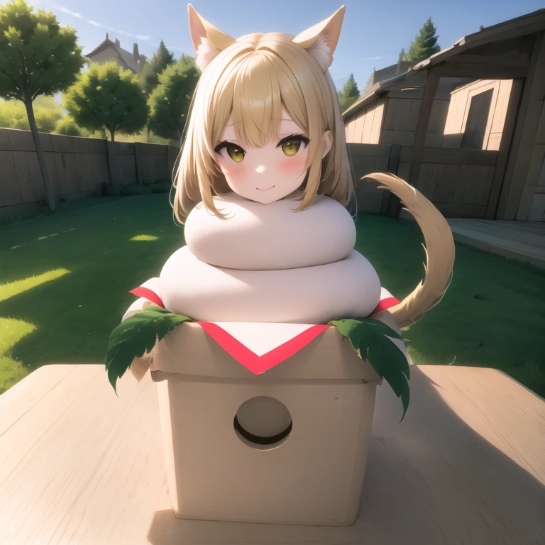 kagamimochi, head on rice cake, on square wooden base, a pair fern, paper between rice cake to wooden base, smile, tail
<lora:kagamimochi-002_0.7:1>