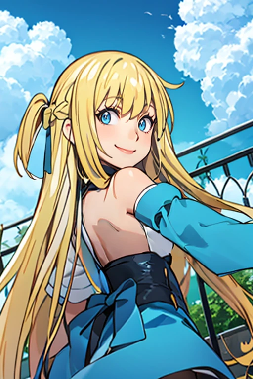 <lora:Alola_Style:0.65>,
((masterpiece,best quality)), absurdres,
<lora:Marina_Lucce_Maxetto_OC:0.8>, Marina_Lucce_Maxetto_OC, 1girl, solo, blonde, very long hair, french braid,
big blue sleeve,
blue hair ribbon, frilled choker, criss-cross halter, sleeveless dress, high-waist skirt, blue backless dress, waist bow, detached sleeves, frilled sleeves, wide sleeves, pantyhose, open back,
solo, smiling, looking at viewer,
from behind,