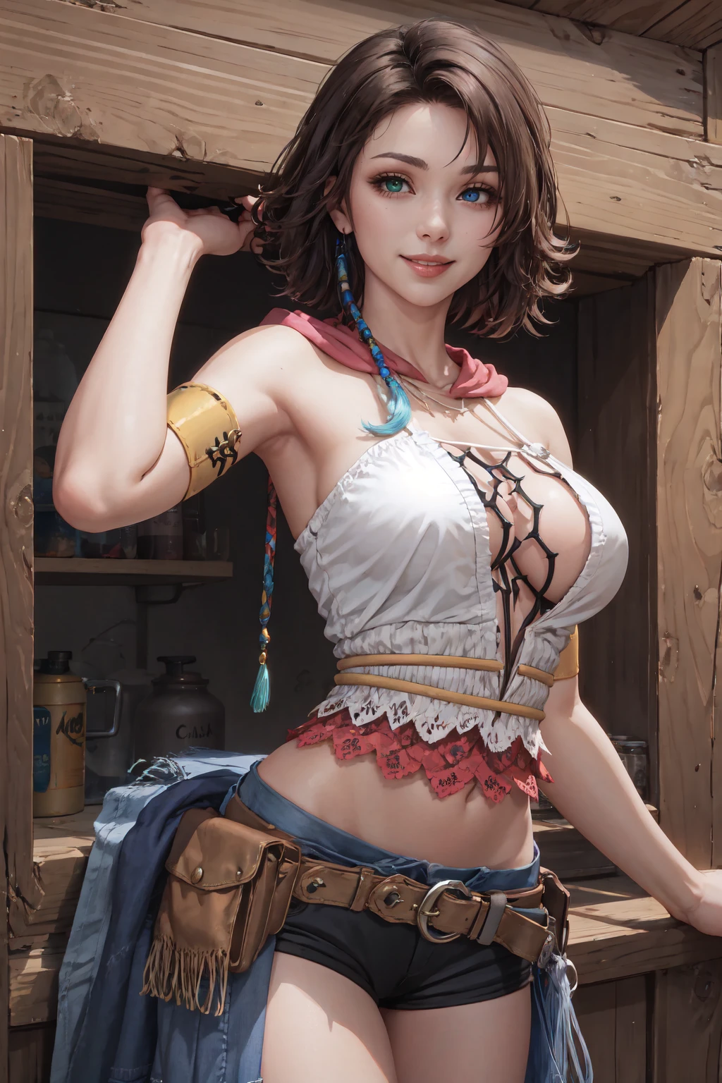 YunaX2, heterochromia, cleavage, black shorts, skirt, large breasts, <lora:YunaV3:0.9>, cowboy shot, seductive smile,