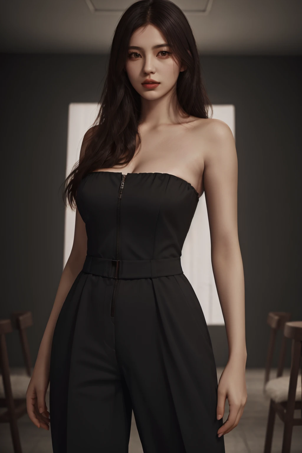 ((best quality)),absurdres,(ultra high res), a woman in a strapless jumpsuit, black suit, medium hair, indoors, perfect female body, extremely detailed, (realistic), (8k), (Masterpiece), (realistic skin texture), <lora:strapless:0.7>