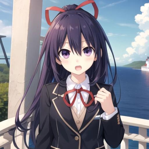 ((masterpiece)),(best quality),official art,extremely detailed CG,unity 8k wallpaper,ultra detailed,A lighthouse on a cliff by the sea,1girl,solo,upper body,(portrait:1.2),looking at viewer,yatogami tooka,bangs,blush,very long hair,hair between eyes,sidelocks,hair ribbon,floating hair,happy,black thighhighs,black jacket,white shirt,pleated skirt,high ponytail,purple hair,open mouth,red ribbon,school uniform,skirt,violet eyes,zettai ryouiki,loafers,<lora:Yatogami Tohka(dal)>,<lora:TSNeptunia-000045:0.5>,