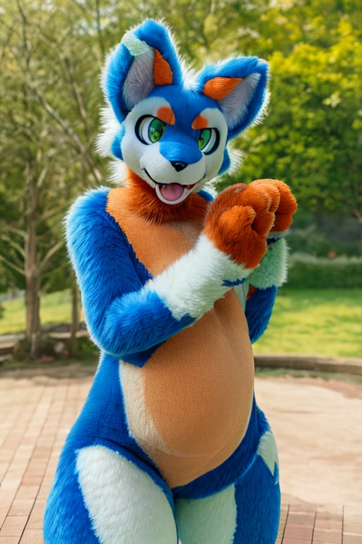 fursuit, furry male, solo, realistic, no humans, dog, animal, animal focus, cartoon costume, bipedal, cowboy shot, cat, looking at viewer, hand up, cat paw, outdoors, amusement park, big belly, <lora:fursuitv2:1>
