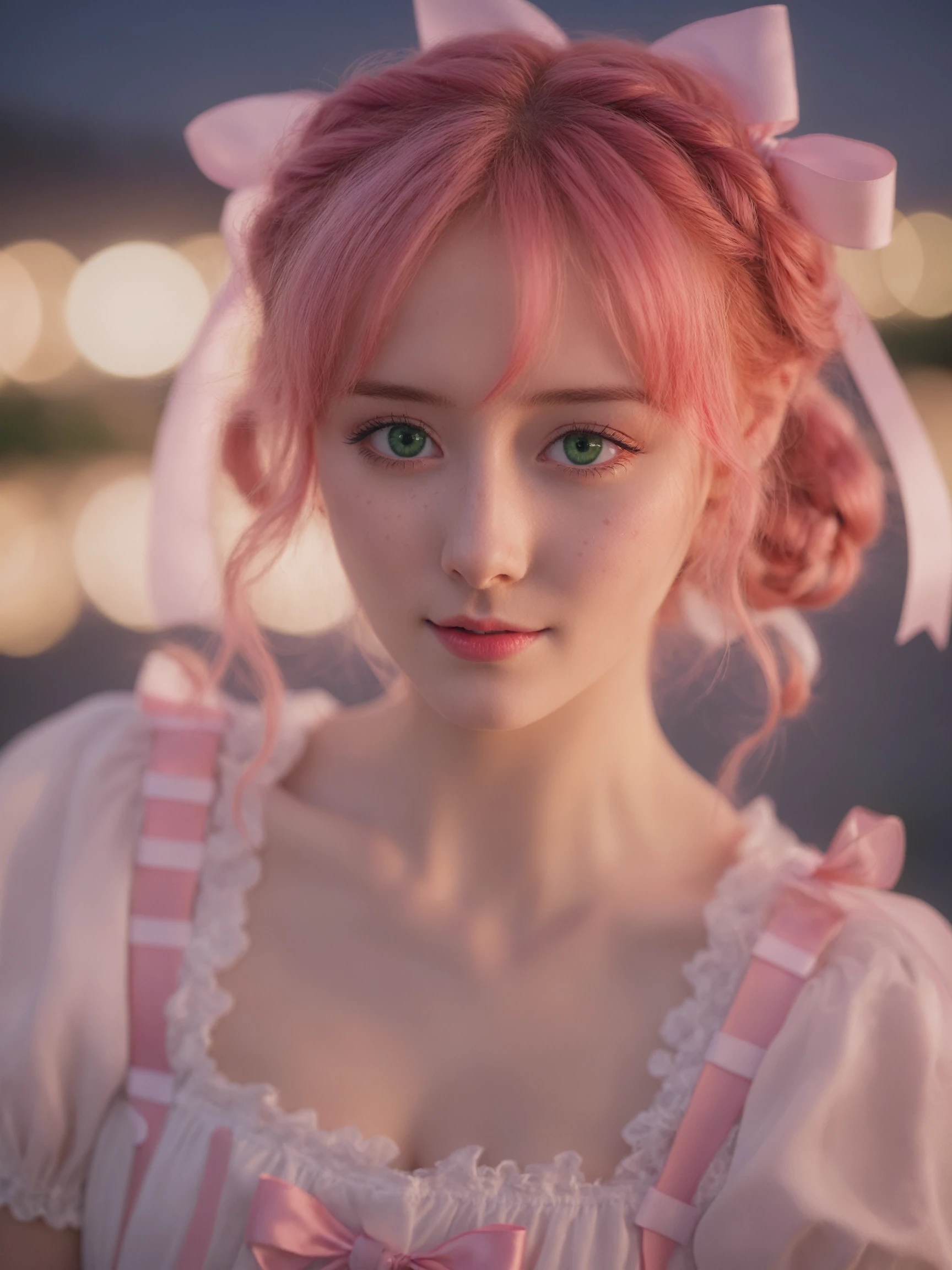 red green black eyes, rutkowski repin, natural pink hair realistic , image, bokeh, night, of an incredibly beautiful happy, woman anime style, large prefect eyes, with highlights in her eyes, light freckles pink and white frilly dress and plaited hair with ribbons