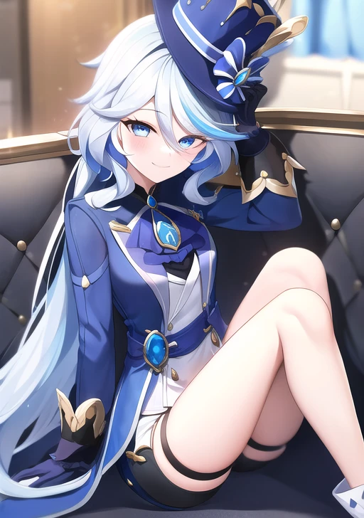 <lora:furina:0.7>furina, 1girl, solo, long hair, looking at viewer, smile, bangs, blue eyes, gloves, long sleeves, hat, jewelry, sitting, closed mouth, blue hair, jacket, ahoge, white hair, multicolored hair, shorts, black gloves, indoors, blurry, streaked hair, blurry background, crossed legs, blue jacket, brooch, couch, blue headwear, top hat, on couch