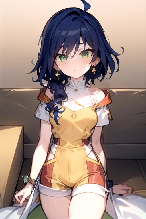 1 girl, <lora:Fabia_Sheen_Bakugan_Gundalian_invaders:1.2>, Fabia_Sheen, blue_hair, long_hair, green_eyes, pink ear rings, white_coat, bare_shoulder, yellow_shirt, short_sleeves, shorts, yellow_shorts, orange_patches,blue thighhigh socks, white boots, wristwatch,, best quality, highly detailed, masterpiece, ( bad_prompt_version2:0.6), best quality, highres, 4k, ultra-detailed, beautiful detailed face, beautiful detailed eyes