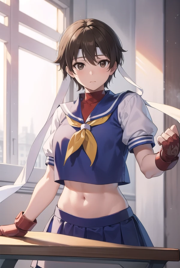 sakurakasugano, <lora:sakura kasugano v2-lora-nochekaiser:1>,
sakura kasugano, (brown eyes:1.7), brown hair, short hair,
BREAK ankle socks, blue skirt, crop top, headband, midriff, miniskirt, navel, sailor collar, school uniform, shoes, short sleeves, skirt, sneakers, socks, stomach, shirt, white shirt, white headband, gloves, red gloves,
BREAK indoors, classroom,
BREAK cowboy shot, looking at viewer,
BREAK <lyco:GoodHands-beta2:1>, (masterpiece:1.2), best quality, high resolution, unity 8k wallpaper, (illustration:0.8), (beautiful detailed eyes:1.6), extremely detailed face, perfect lighting, extremely detailed CG, (perfect hands, perfect anatomy),