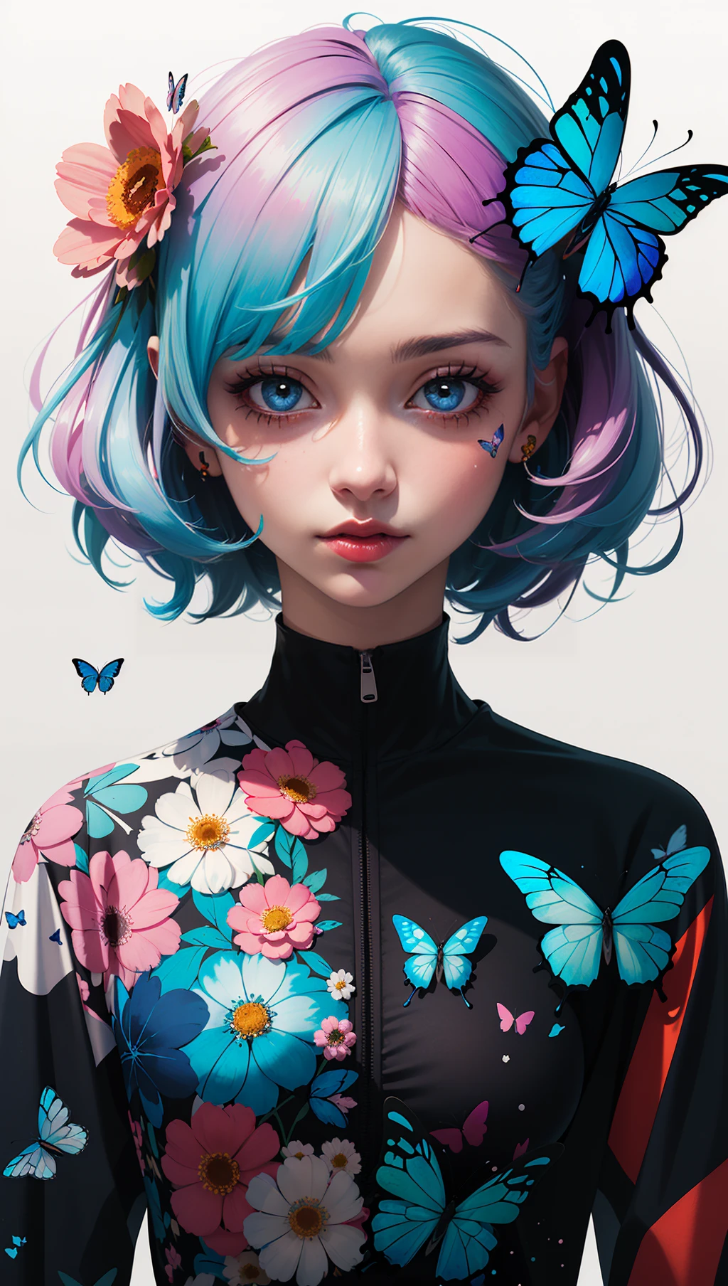 (masterpiece:1.1),(highest quality:1.1),(HDR:1),ambient light,ultra-high quality,( ultra detailed original illustration),(1girl, upper body),((harajuku fashion)),((flowers with human eyes, flower eyes)),double exposure,fusion of fluid abstract art,glitch,(original illustration composition),(fusion of limited color, maximalism artstyle, geometric artstyle, butterflies, junk art),
