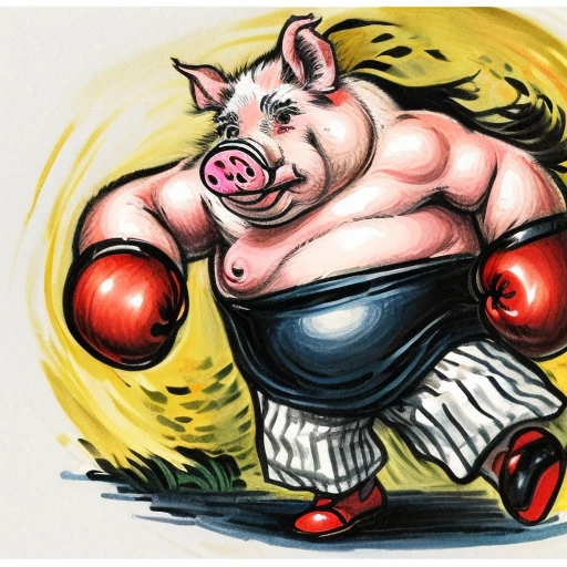 Evang style a anthropomorphic pig boxing in a ring