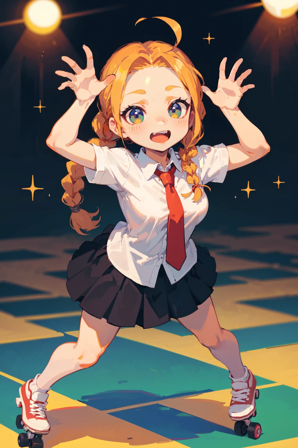 BREAK     chibi female,    forehead with single braid             lovely medium breasts,   white collared shirt, black skirt, red necktie, BREAK  Roller skating, disco ball, skate rentals, music, snacks, tamarind,   (best quality, masterpiece:1.1),