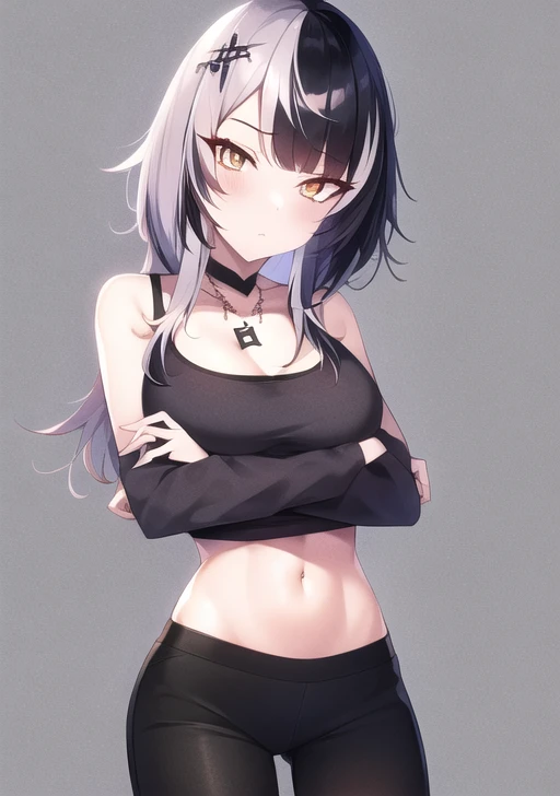 <lora:shiori_novella:0.8>, shiori_novella, 1girl, solo, long hair, breasts, looking at viewer, blush, bangs, simple background, shirt, black hair, hair ornament, white background, navel, bare shoulders, jewelry, medium breasts, closed mouth, collarbone, yellow eyes, white hair, grey hair, multicolored hair, cowboy shot, earrings, midriff, pants, necklace, stomach, two-tone hair, streaked hair, crop top, orange eyes, hand on hip, bare arms, black shirt, black pants, cross, cross necklace
