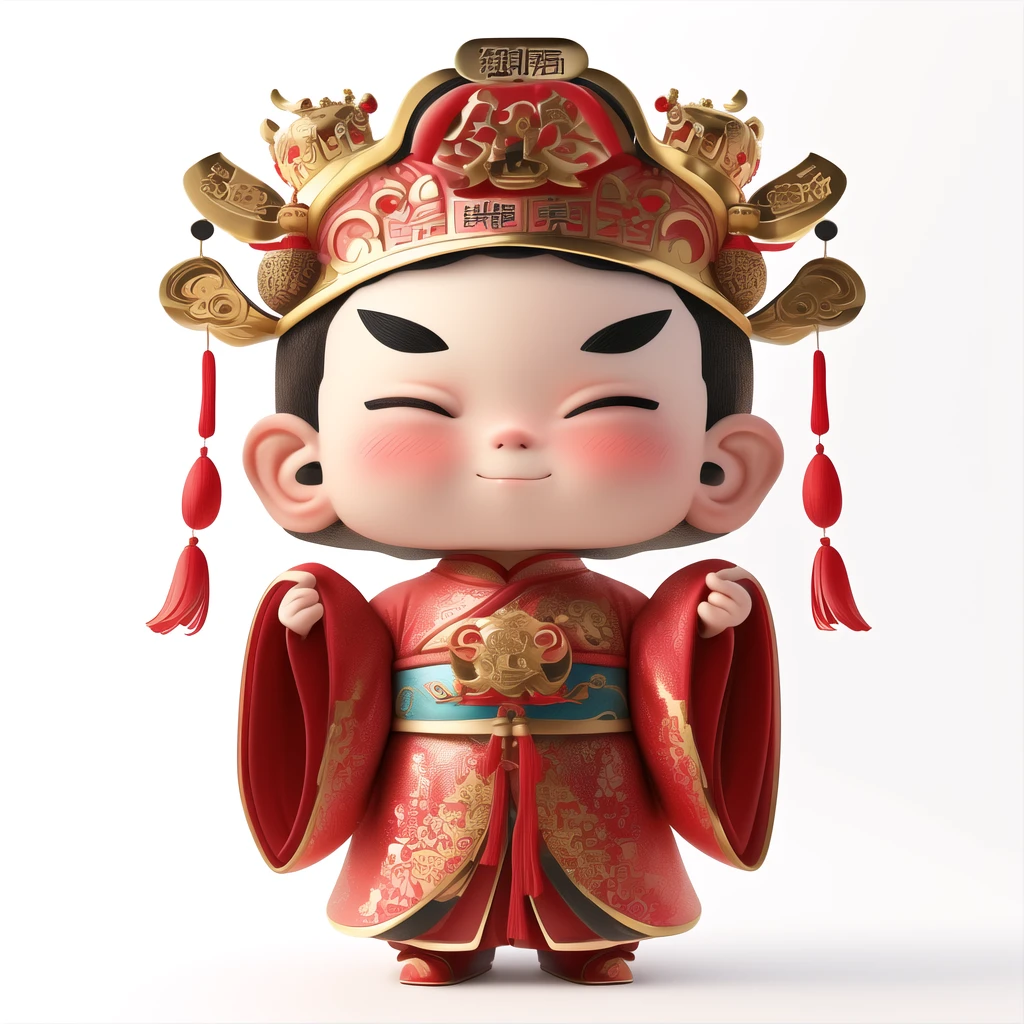 dafengcaishen,solo,blush,smile,simple background,long sleeves,1boy,hat,white background,closed mouth,standing,full body,closed eyes,male focus,wide sleeves,chibi,^_^,chinese clothes,thick eyebrows,crown,facing viewer,robe,male child<lora:大峰3då¡éè´¢ç¥-000004:0.8>,