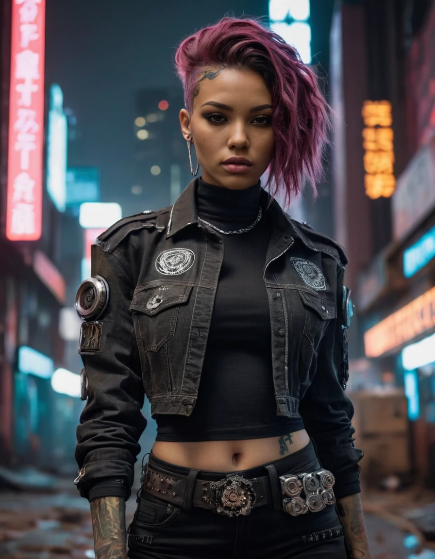 (close shot, zoomed in upper body portrait:1.3) (dystopian cyberpunk style:1.5) photo of a pondering, (closed mouth:1.5) slutty toned young 24 year old (Lesotho:1.3) (punk with tattoos:1.3) woman with long wavy trimmed brunette hair, brown eyes, (large breasts:1.3), muscular ass, (perfect hands:1.3).
She is wearing (cyberpunk:1.3) (black denim long-sleeved shirt and pants, high heeled boots:1.1).
She is walking facing left, in a (gritty dystopian cyberpunk scifi:1.3) city with lights and displays, night, (dark:1.3), overcast.
detailed skin texture, detailed cloth texture, detailed face, (intricate sharp details:1.5), ultra high res