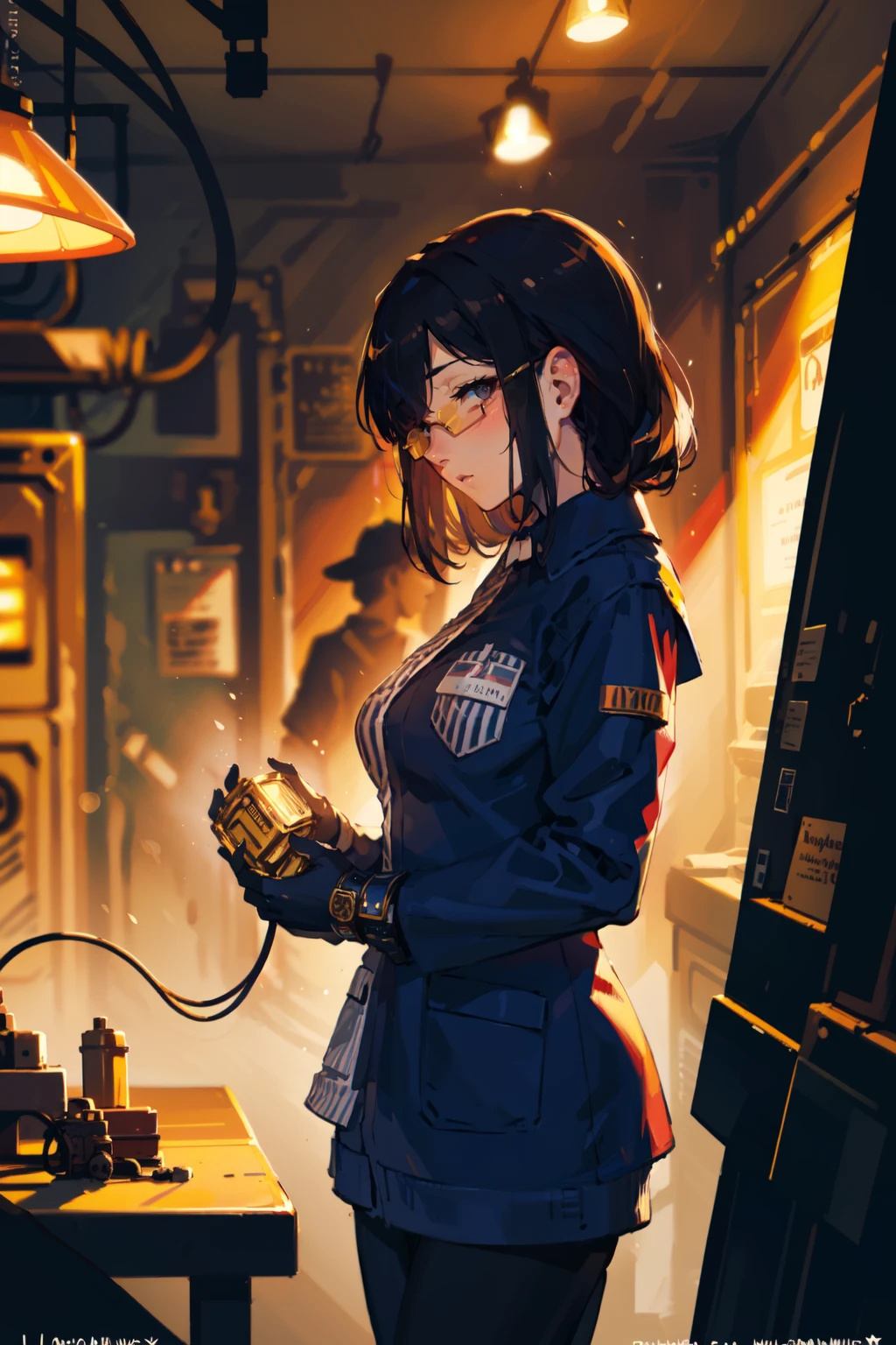 BREAK cowboy shot from dynamic angle, curvy young female, hair, glasses, skinny body, lovely giant breasts, <lyco:lawsonUniform_v1:0.8>, lawson uniform, employee uniform, uniform, shirt, name tag, BREAK selling toys at a flea market, a small booth filled with various colorful toys, customers browsing and admiring toys, (fantasy, steampunk, analog meter, brass mechanical parts, intricate machines, brass, exhaust emissions:1.2), (best quality, masterpiece:1.1), <lora:DarkLighting:0.5>, silhouette, red spotlight, dark theme,