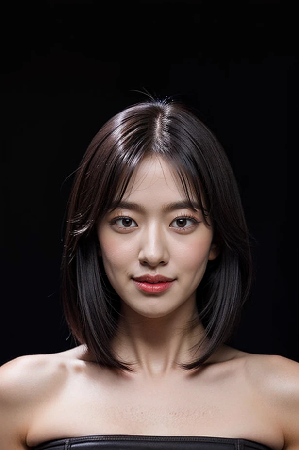 Best quality, masterpiece, ultra high res, (photorealistic:1.4), (extremely detailed eyes), (((strapless))), raw photo, (((covered chest))), 1girl, solo, realistic, (looking at viewer), upper body, ((plain black background:1.5)), (face lighting:1.5), bare shoulders, smile, (((black wolfcut hairstyle))), Bangs, <lora:yujinlorashy:0.7>