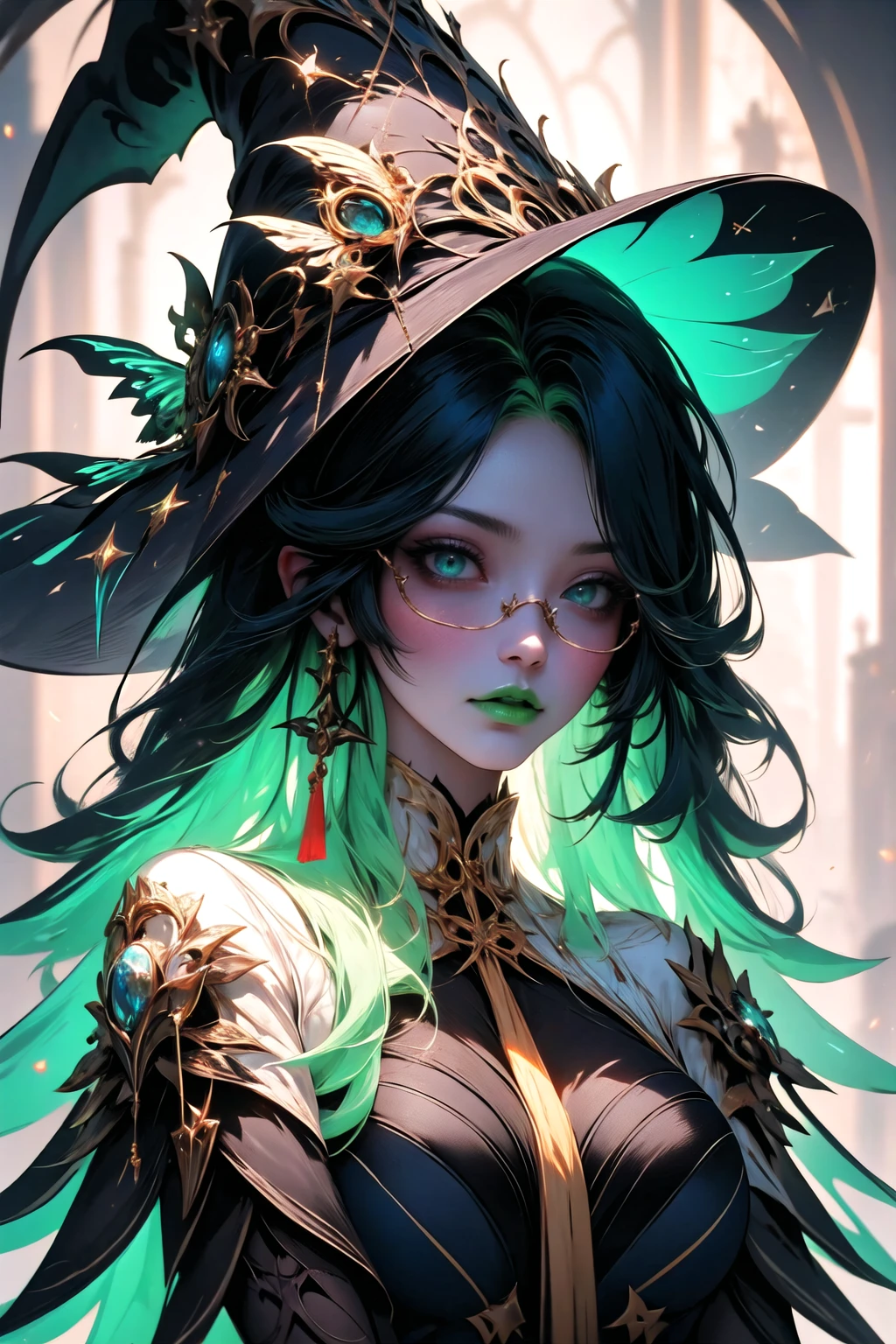 gixianyun, <lora:wrenchgixianyun:1>, 1girl, makeup, green lips, solo, light smile, looking at viewer, <lora:wrenchwitchiness:0.85>, wrenchwitchiness, glowing eyes, glowing,