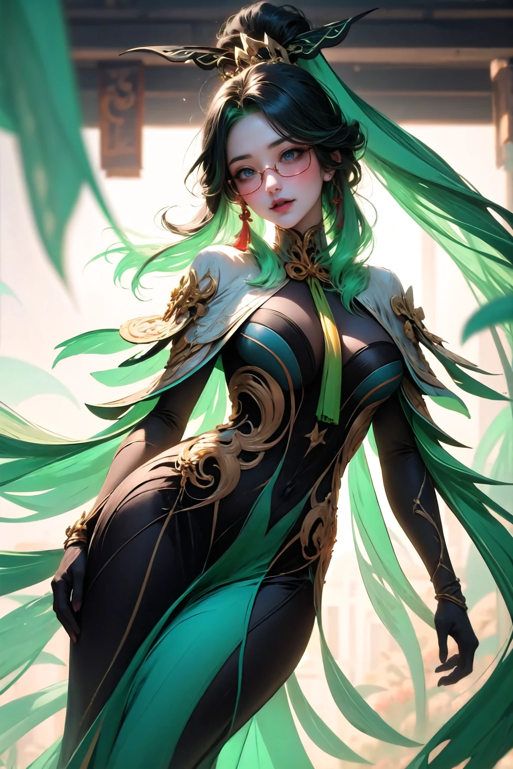gixianyun, <lora:wrenchgixianyun:0.8>, 1girl, makeup, solo, light smile, pelvic curtain, green lips,