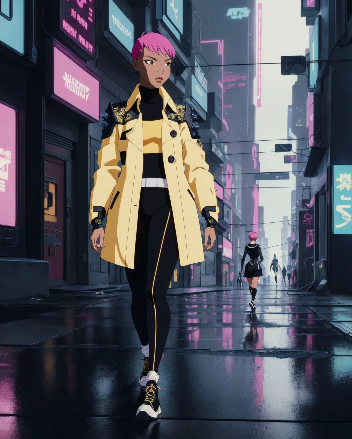 (intricately detailed, best quality, high resolution, highly detailed skin:1.4), <lora:m4x1n3BB:0.6> m4x1n3BB, dark-skinned female, short pink hair, black eyes, retro artstyle, (1990s anime style:1.2), long yellow trenchcoat,
(a girl walks down a crowded street in a cyberpunk city at twilight.:1.4)