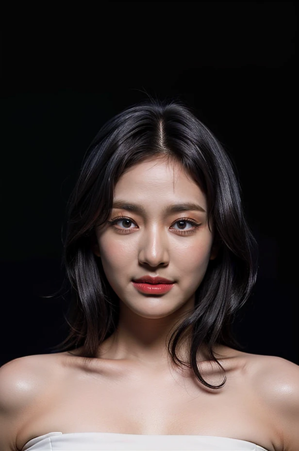 Best quality, masterpiece, ultra high res, (photorealistic:1.4), (extremely detailed eyes), (((strapless))), raw photo, covered chest, 1girl, solo, realistic, (looking at viewer), upper body, ((plain black background:1.5)), (face lighting:1.5), bare shoulders, smile, (((long wavy black hair))), <lora:ningninglorashy:0.75>