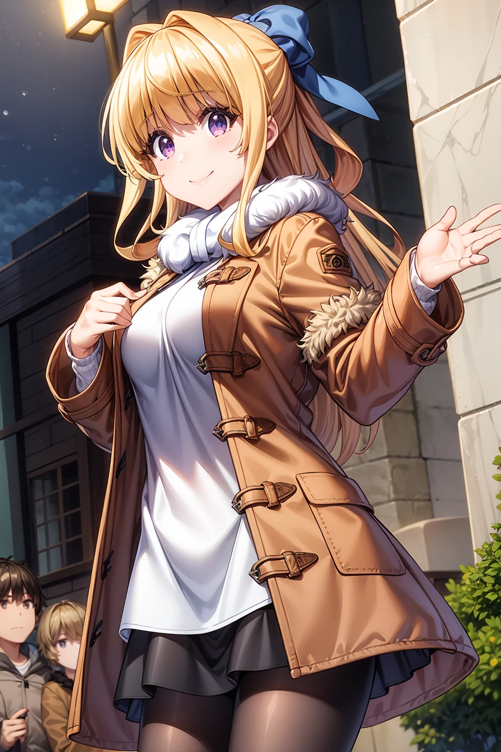 masterpiece, best quality, 1girl, solo, long hair, looking at viewer, cowboy shot, closed mouth, smile, blonde hair, purple eyes, hair bow, night, blue bow, rista_ristarte, alpha signature, black skirt, breasts, coat, fur-trimmed coat, fur-trimmed hood, fur-trimmed jacket, fur-trimmed sleeves, fur collar, fur trim, jacket, open clothes, pantyhose, red coat, red jacket, shirt, skirt, solo, white shirt, winter clothes, winter coat,