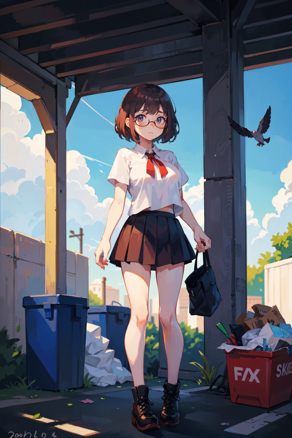 standing, BREAK chibi female, hair, sorrowful face, blush with round eyewear, skinny body, lovely giant breasts, (Plunge-neck top, leather skirt), BREAK (Group Of Flying Pigeon Against Sky:1.1), (Under An Overpass, Homeless Encampment:1.15), Tents, Trash Can, (best quality, masterpiece:1.1),