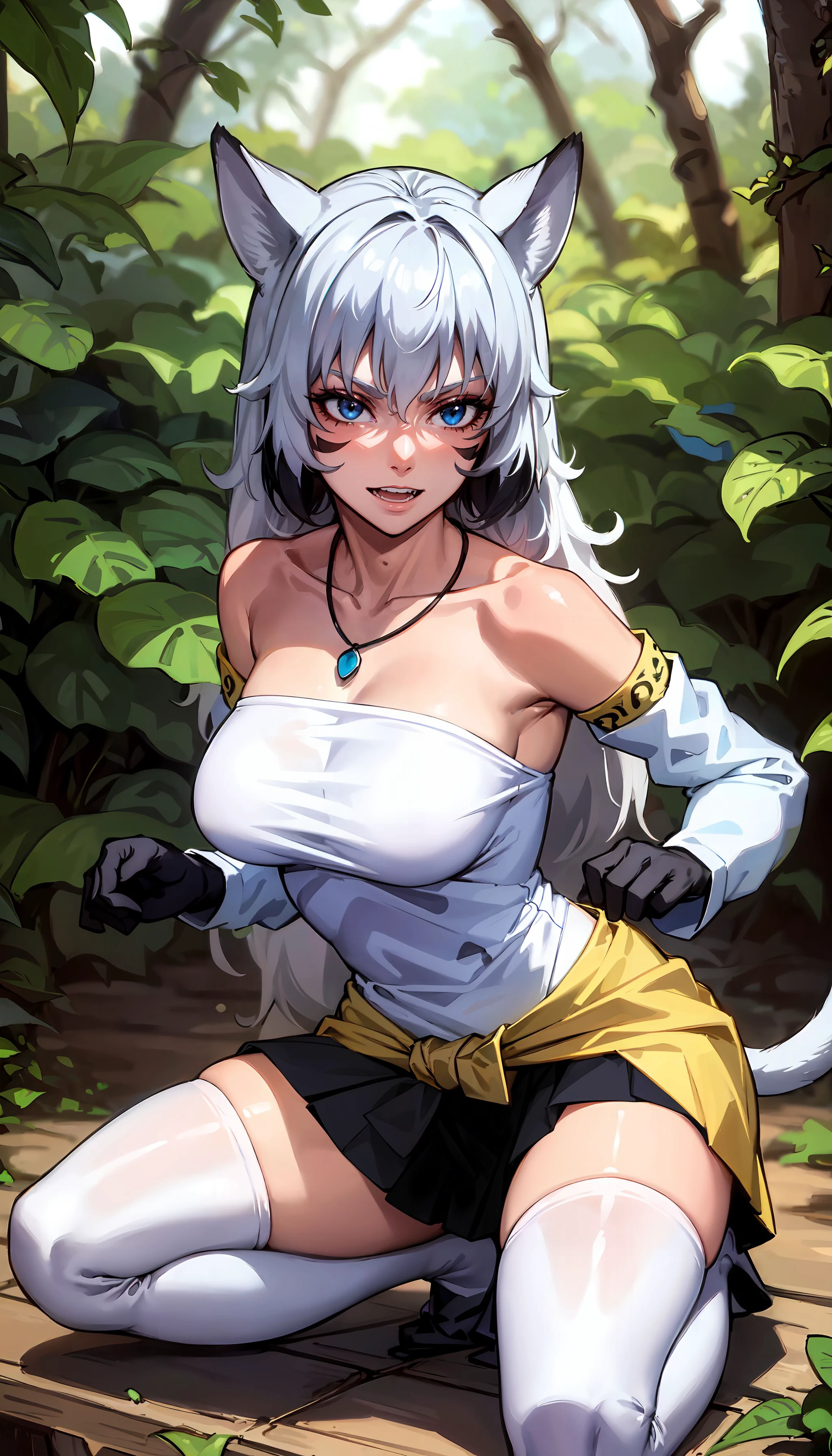 photorealistic, (4k), depth of field, (Masterpiece), (realistic skin texture), extremely detailed, intricate, hyper detailed, professional photography, bokeh, high resolution, sharp detail, best quality, woman, white shirt, long hair, gray hair, cat ears, blue eyes, necklace, yellow waist cape, detached sleeves, face markings, black miniskirt, (white thighhighs:1.3), cat tail, black gloves, (fetal position), <lora:Suphia:0.8>, (tropical forest:1.3), (hiding in shadows:1.3), tree shade,