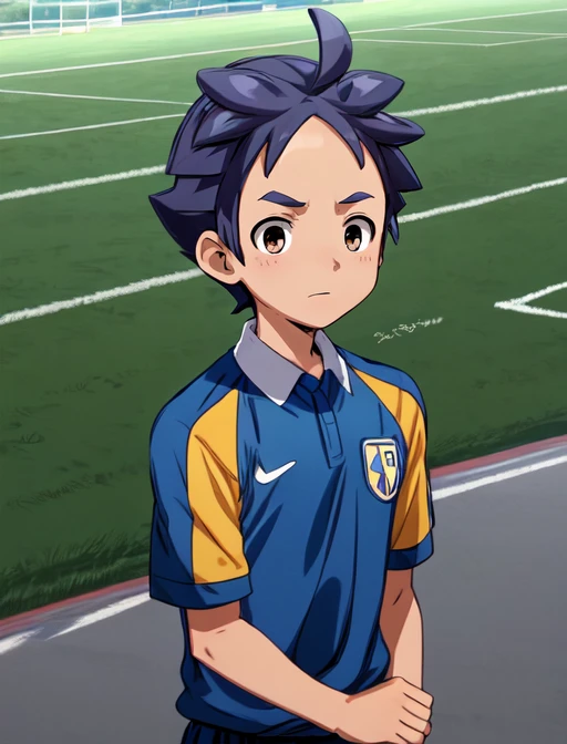 best quality, masterpiece, highres, detailed, digital illustration, <lora:Tools - add_detail:0.2>, KageyamaHikaru, blue hair, forehead, brown eyes, soccer uniform, yellow uniform, 1boy, short hair, <lora:KageyamaHikaru-10:0.9>, upper body, soccer field, stadium,