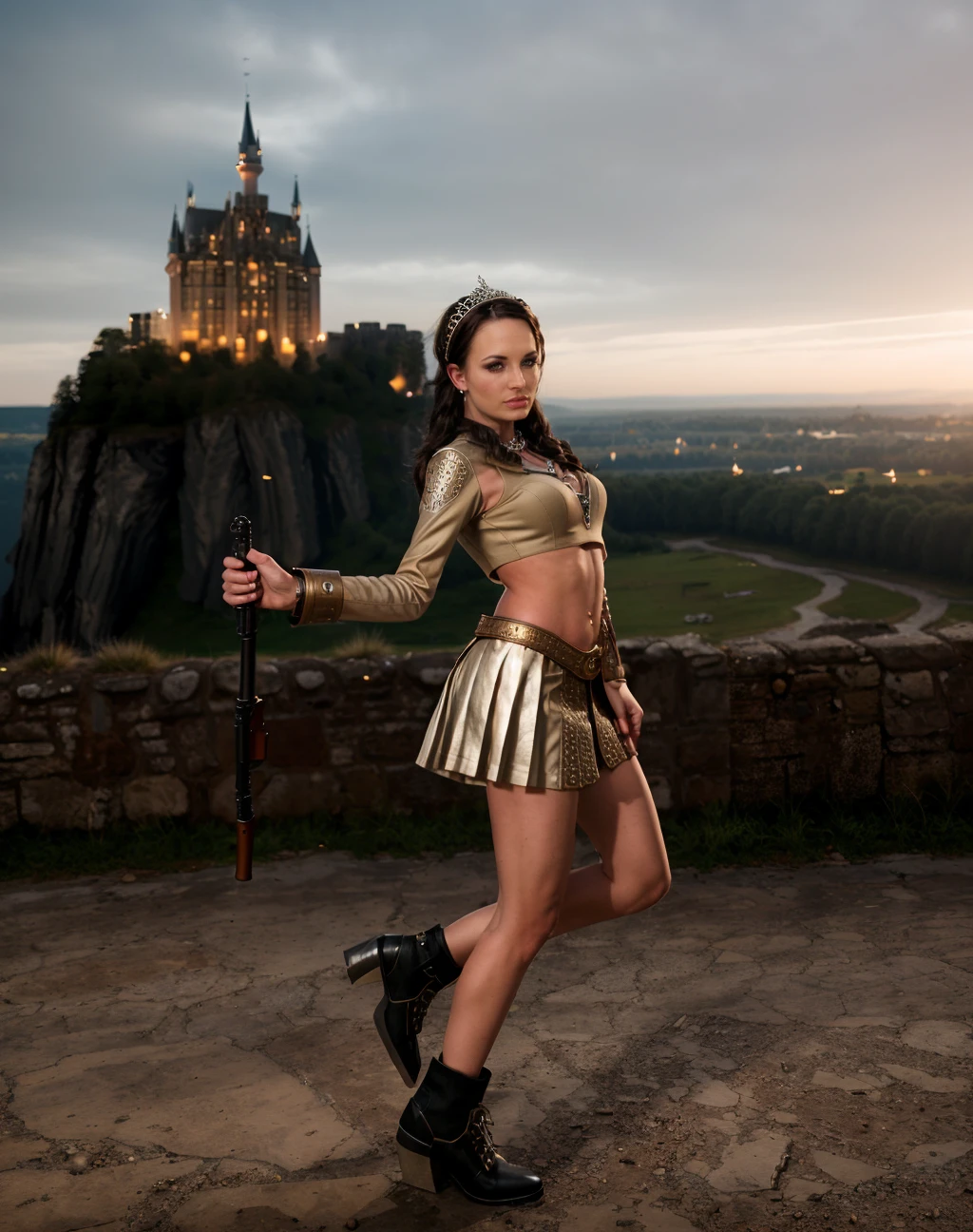 cinematic photo , raw,  realistic, style raw, <lora:quiron_AlektraBlue_v2_lora:0.77> AlektraBlueQuiron woman Dressed in the (style of Mythological Warrior  modest outfit  Elegant Beige Bohemian outfit with Shotgun) (with Icebound Castle in the background ),  Jumping with one knee bent,     . 35mm photograph, film, bokeh, professional, 4k, highly detailed