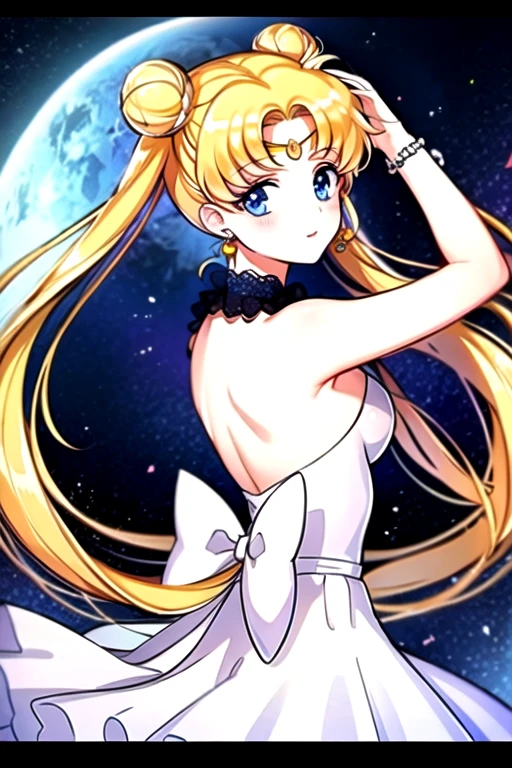(masterpiece:1.2), best quality, masterpiece, highres, original,perfect light, 4k,8k,1girl, back bow, bead bracelet, blonde hair, blue eyes, bow, crescent, crescent facial mark, crescent moon, double bun, dress, earrings, facial mark, forehead mark, full moon, hairpin, jewelry, long hair, moon, night, night sky, planet, princess serenity, sailor senshi uniform, sky, smile, solo, star \(sky\), star \(symbol\), starry sky, strapless dress, tsukino usagi, twintails, white dress,<lora:sailor moon:0.7>