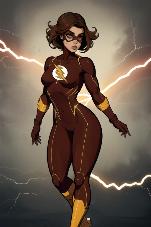 masterpiece,best quality,extreme detail,8k,image sharpness,<lora:flash-20:0.6>,flashwoman,1girl,solo,breasts,looking at viewer,brown hair,gloves,lips,bodysuit,mask,animification,full body,standing pose,(curvy),electricity,