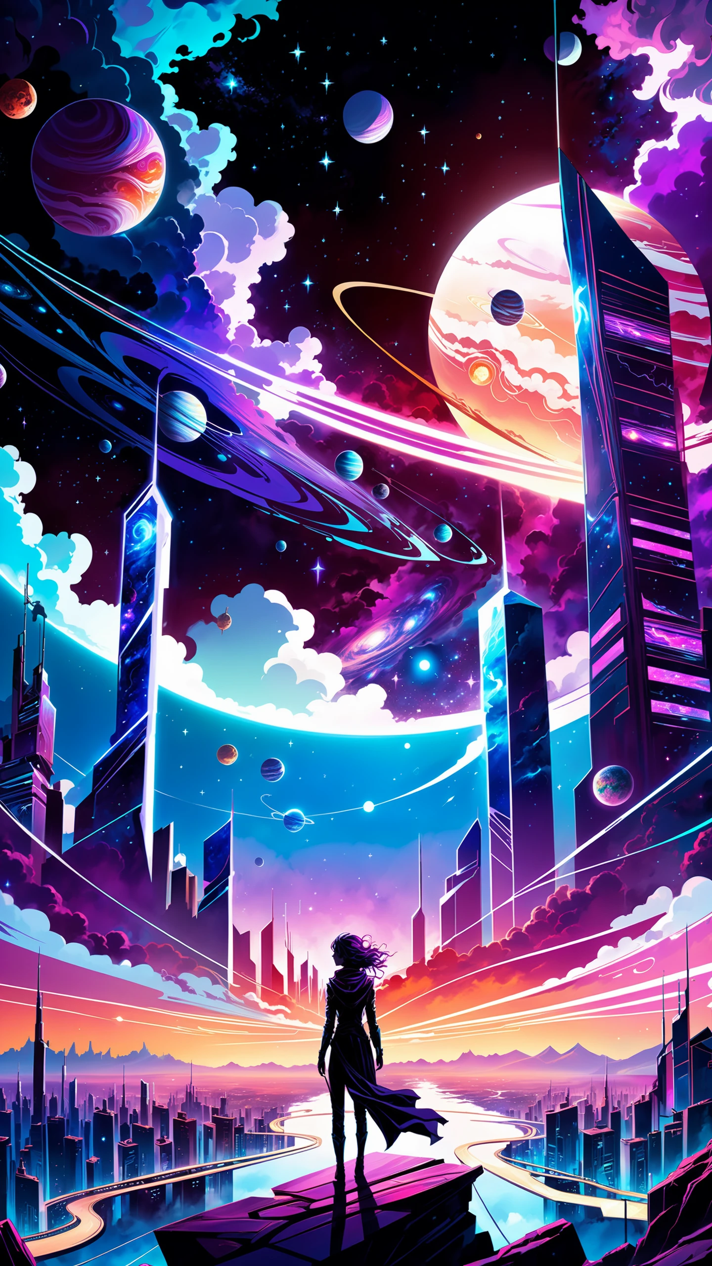 in top of city a beautiful sunset with stars and planets in the sky, concept art, inspired by Cyril Rolando, fractal thunder dan mumford, water everwhere fantasy, ultra hd anime wallpaper, very beautiful photo, purplish space in background, by Agnes Cecile, by AndrÃ© Masson, fine art, cinematic lighting, 8k concept art; ; trending on artstation; deep color; ink drawing; In Futuristic Ultra Detailed, fear Background, Highly Detailed Galaxy, Scale Like Skin, Daz 3d, Unity, Unreal Engine 5, Uhd Resolution, Sharp Focus, 8k, 12MP