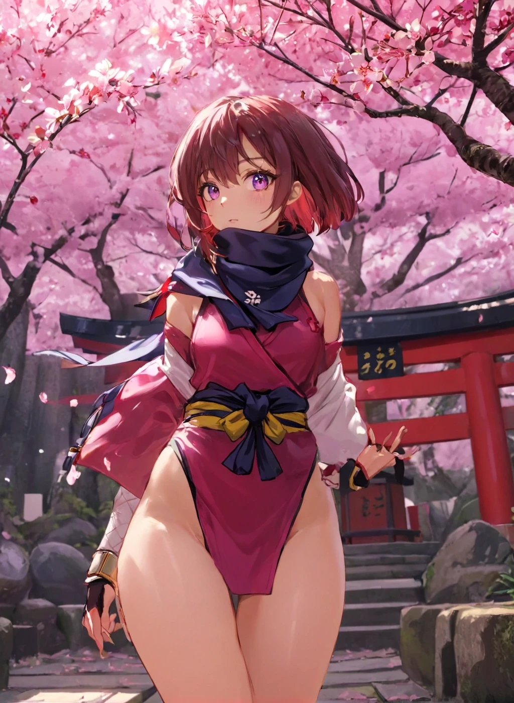 ninja, 3d render, <lora:Ninja_XL:1.2> ninja, wearing a scarf, wearing a ninja costume, classic costume, under a sakura tree, at a japanese shrine, full body, (masterpiece), best quality, highres, 4k, 8k, cinematic lighting, amazing quality, amazing shading, soft lighting, ultra detailed skin, ultra detailed face, perfect eyes, small skin imperfections, 35mm, analog style, a realistic photo, film grain, (photorealistic:0.6), taken by a canon eos r5, 1girl, French bob, small saggy boobs, Lean body, multi colored eyes, Auburn hair