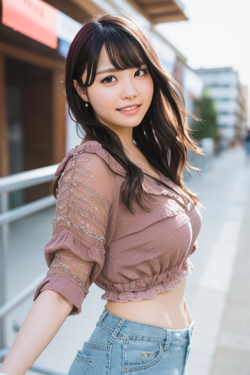 1girl, (wearing a cropped top and parka:1.2),(RAW photo, best quality), (realistic, photo-realistic:1.4), masterpiece, an extremely delicate and beautiful, extremely detailed, 2k wallpaper, Amazing, finely detail, extremely detailed CG unity 8k wallpaper, ultra-detailed, highres, soft light, beautiful detailed girl, extremely detailed eyes and face, beautiful detailed nose, beautiful detailed eyes,cinematic lighting,(in the city:2.2),perfect anatomy,(slender body:1.0),(close up face:2.4),(gentle laugh,Friendly , warm:2.0),(looking at viewer:2.2),(young japanese idol:1.8),(wavy long hair:1.8), (brown eyes:1.8),(walking:2.0),  (hands in pockets:1.8),(cleavage:1.6), <lora:asakuramomo_lora-10:0.8>