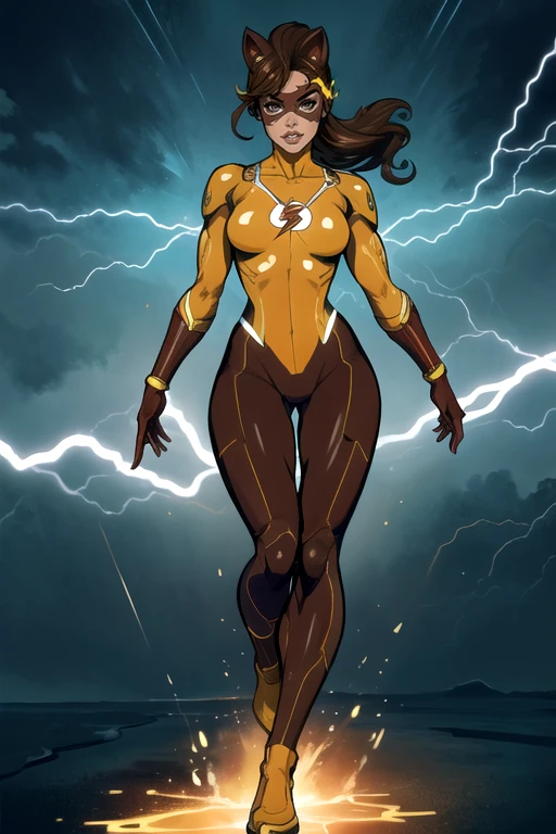 masterpiece,best quality,extreme detail,8k,image sharpness,<lora:flash-20:0.6>,flashwoman,1girl,solo,breasts,looking at viewer,brown hair,gloves,lips,bodysuit,mask,animification,full body,standing pose,(curvy),electricity,