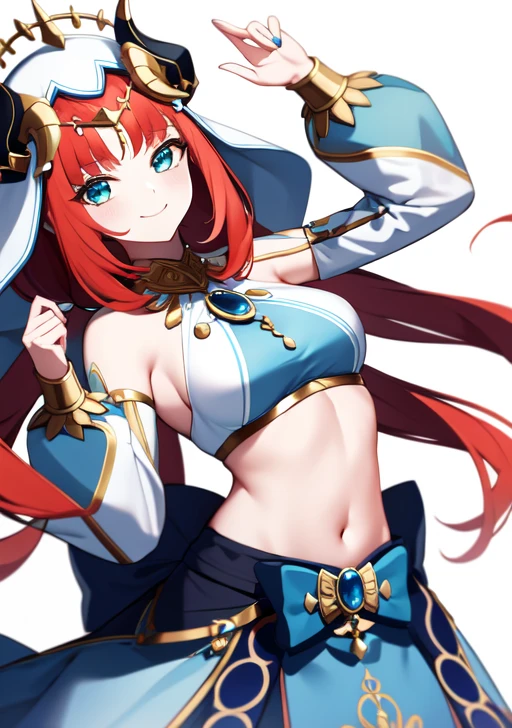 <lora:nilou:0.7>,1girl, solo, long hair, breasts, looking at viewer, smile, bangs, skirt, simple background, long sleeves, white background, bow, navel, bare shoulders, twintails, jewelry, medium breasts, closed mouth, red hair, detached sleeves, horns, midriff, puffy sleeves, stomach, nail polish, aqua eyes, blue skirt, crop top, parted bangs, low twintails, blue bow, brooch, gem, veil, puffy long sleeves, blue nails, gold trim, circlet, fake horns, bracer, neck ring, blue gemstone, dancer, harem outfit