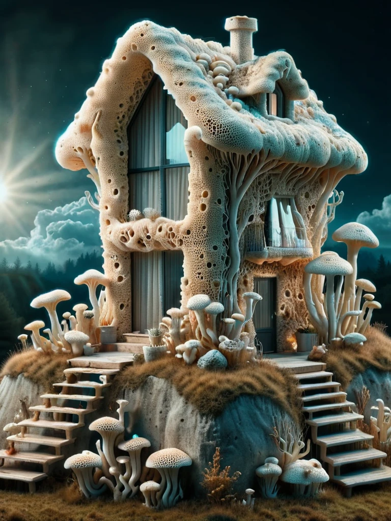 scifi, Psychedelic ,Mycelia,spongy, house on a hill <lora:ral-mycelium-sdxl:1> ral-mycelium