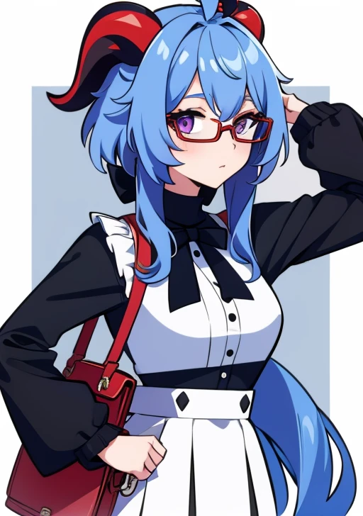 <lora:ganyu:0.6>, ganyu, 1girl, solo, long hair, breasts, looking at viewer, blush, bangs, skirt, shirt, long sleeves, white background, bow, holding, medium breasts, blue hair, purple eyes, upper body, ahoge, sidelocks, frills, horns, glasses, artist name, bowtie, bag, official alternate costume, black shirt, black bow, turtleneck, white skirt, frilled sleeves, semi-rimless eyewear, red-framed eyewear, high-waist skirt, handbag, shirt tucked in, adjusting eyewear, frilled shirt