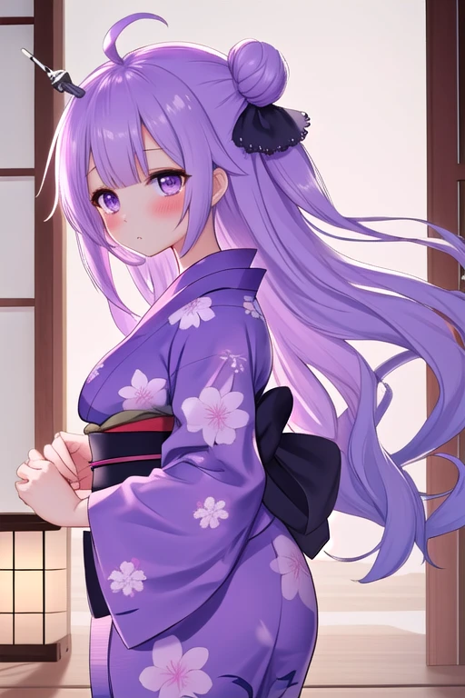best quality, masterpiece, highres, solo, {yukata:1.40}, {kimono:1.20}, {yunikoon:1.15}, purple_hair, long_hair, unicorn_\(azur_lane\), purple_eyes, bangs, ahoge, blush, very_long_hair, ribbon, hair_bun, single_hair_bun, hair_ribbon, one_side_up, single_side_bun, stuffed_toy, breasts