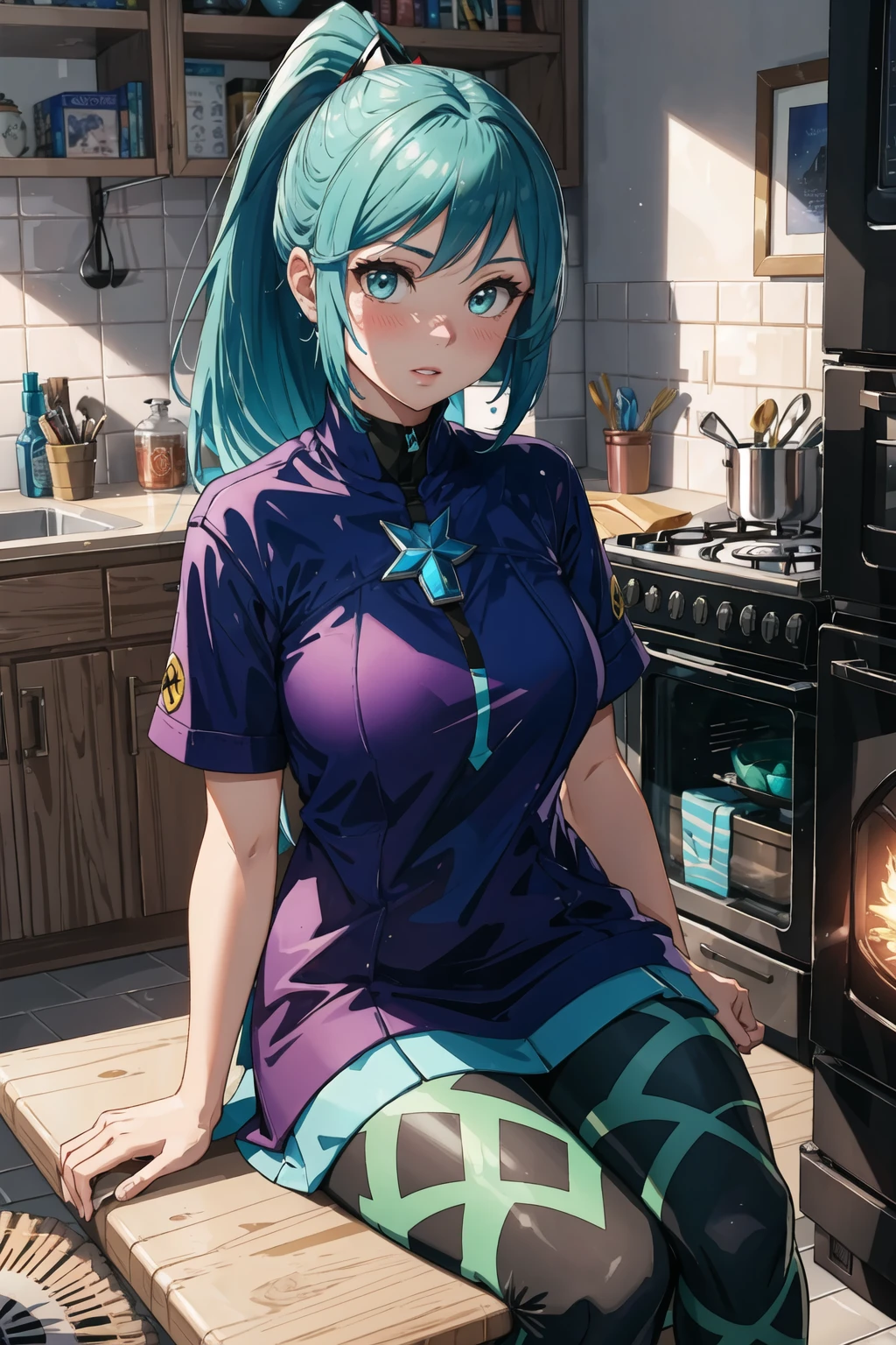 masterpice, best quality, (absurdres), subsurface scattering, 1girl, solo, EPxbcPneuma, <lora:EPxbcPneuma:0.7>, (beautiful face), (looking at viewer:1.1), full lips,
BREAK
(embarrassed, full face blush), detailed background, artistic lighting,
BREAK
Geometric pattern t-shirt with a mix of colorful triangles, squares, and hexagons arranged in a mosaic pattern, sitting, intergalactic communication center, compass,bookshelf,mirror,oven/stove, linoleum flooring,lapis lazuli,tapestry with metal threads tapestry, algae bioreactors for lighting, accent lighting, neo-noir, sci-fi, sfw, sharp focus,