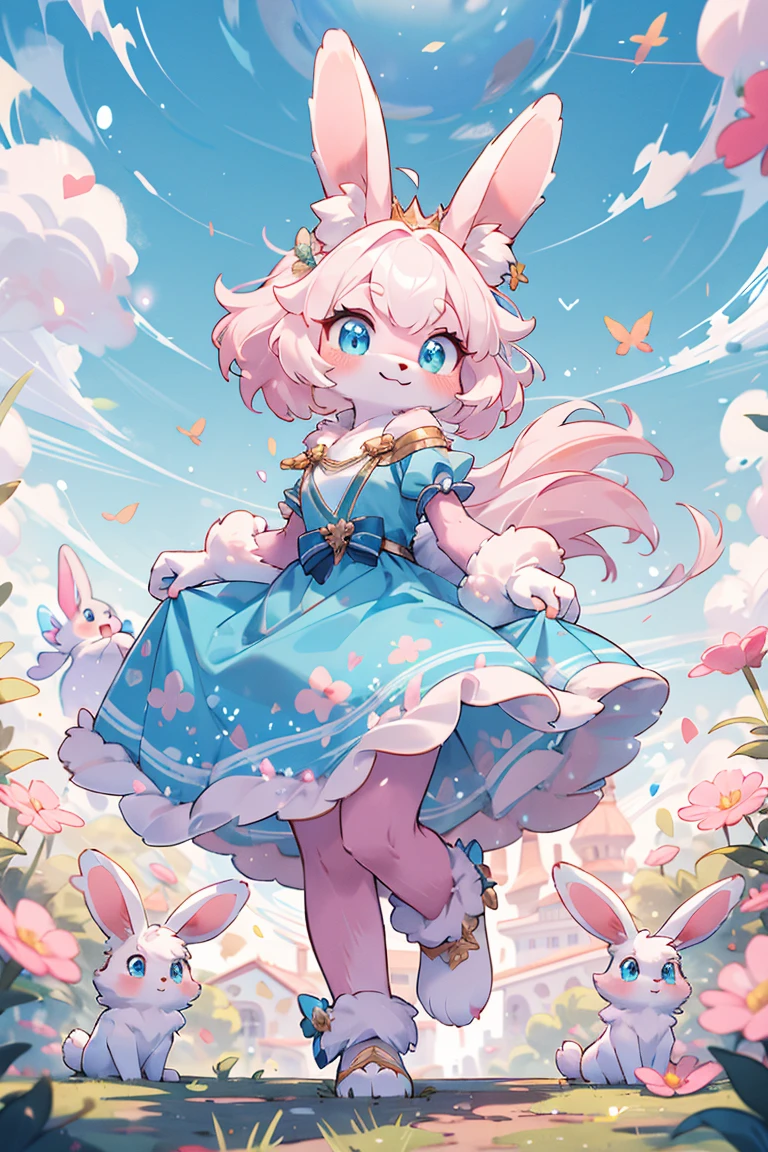 From front, full body,best quality,( masterpiece,ultra detailed 8k art),Fluffy body,Fluffy,(best fluffy hands:0.7),(anthro),focus 1 girl,furry rabbit female,(Close up 1 girl:0.7),smile,pink rabbit ears,blue eyes, princess, sky blue dress