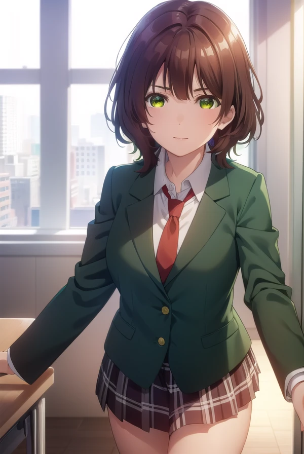 aoihinami, <lora:aoi hinami s1-lora-nochekaiser:1>,
aoi hinami, short hair, bangs, brown hair, (green eyes:1.5), smile,
BREAK skirt, shirt, long sleeves, school uniform, jacket, white shirt, pleated skirt, necktie, collared shirt, plaid, plaid skirt, blazer, red necktie,
BREAK indoors, classroom,
BREAK looking at viewer,
BREAK <lyco:GoodHands-beta2:1>, (masterpiece:1.2), best quality, high resolution, unity 8k wallpaper, (illustration:0.8), (beautiful detailed eyes:1.6), extremely detailed face, perfect lighting, extremely detailed CG, (perfect hands, perfect anatomy),