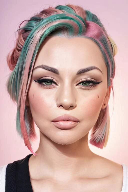 a woman ((adorable face, winking eyes:1.2, kissing mouth:1.25, closeup portrait:1.5)) with (two-toned hair:1.35), (gradient hair), (dark green hair) fading to (pink hair), beautiful grey eyes, french braid, high prominent cheekbones, sharp jawline, an oval face with thick pouty lips (bold thick eyebrows:1.2), (mascara:1.15), (eyeliner:1.3), (eyeshadow:1.35), looking towards the camera, dark background:1.75, (backlighting:1.46)