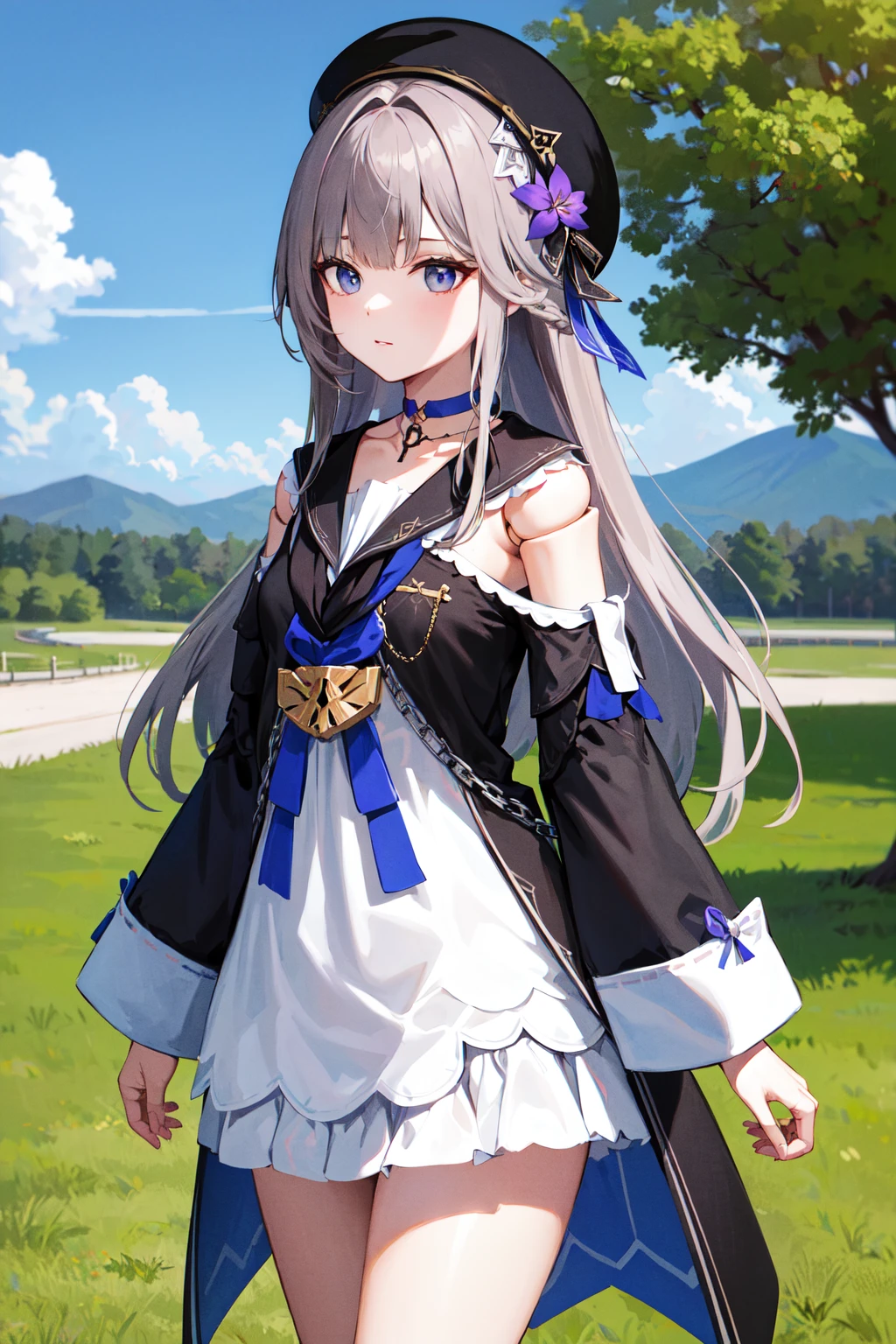 masterpiece, best quality, highres, aaherta, long hair, grey hair, hair flower, beret, black headwear, joints, choker, key, sailor collar, shoulder cutout, white dress, detached sleeves, <lora:herta_v1:0.7>, standing, cowboy shot, outdoors