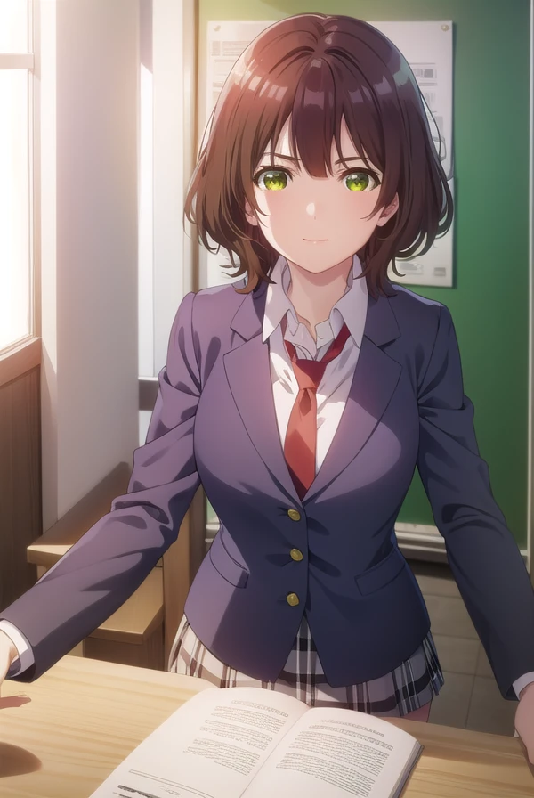 aoihinami, <lora:aoi hinami s1-lora-nochekaiser:1>,
aoi hinami, short hair, bangs, brown hair, (green eyes:1.5), smile,
BREAK skirt, shirt, long sleeves, school uniform, jacket, white shirt, pleated skirt, necktie, collared shirt, plaid, plaid skirt, blazer, red necktie,
BREAK indoors, classroom,
BREAK looking at viewer,
BREAK <lyco:GoodHands-beta2:1>, (masterpiece:1.2), best quality, high resolution, unity 8k wallpaper, (illustration:0.8), (beautiful detailed eyes:1.6), extremely detailed face, perfect lighting, extremely detailed CG, (perfect hands, perfect anatomy),