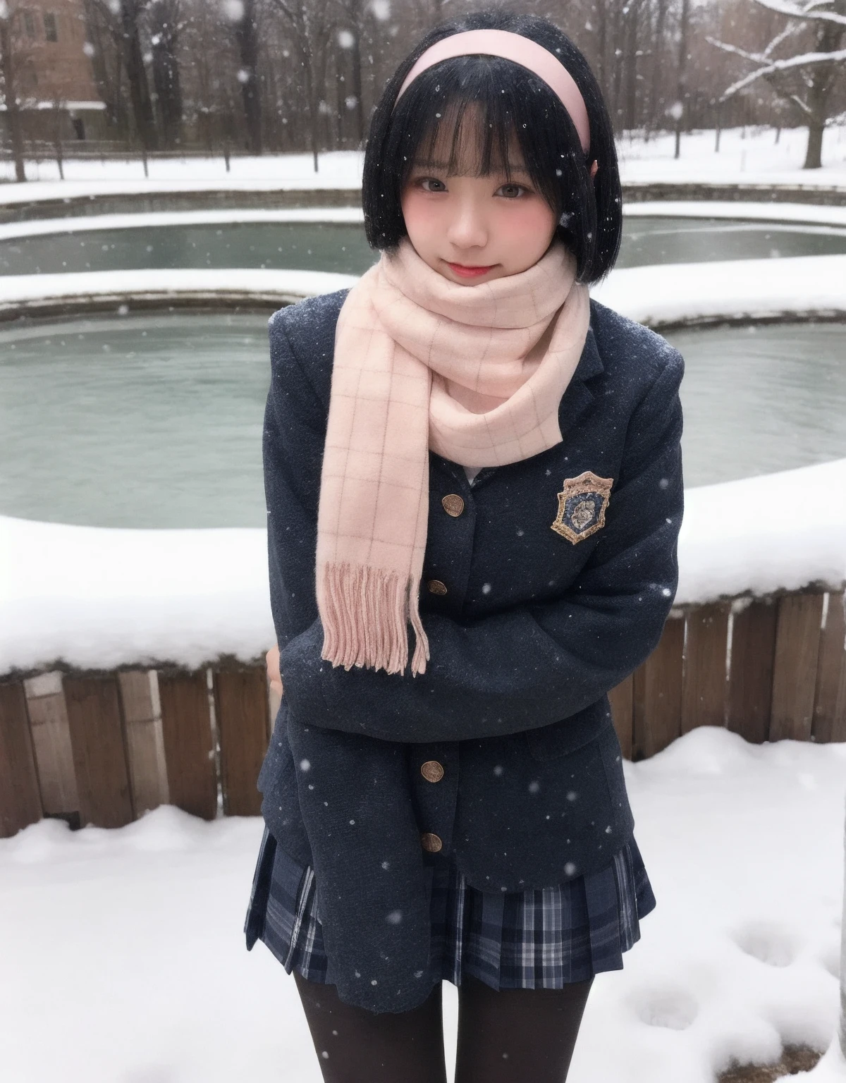 1girl, high quality, masterpiece, cowboy shot, pantyhose, school uniform, looking at viewer, standing, thin, hairband scarf, (blush),(lip biting), outdoors, snowing, hairband,
<lora:9uri__v1-000005:0.65>