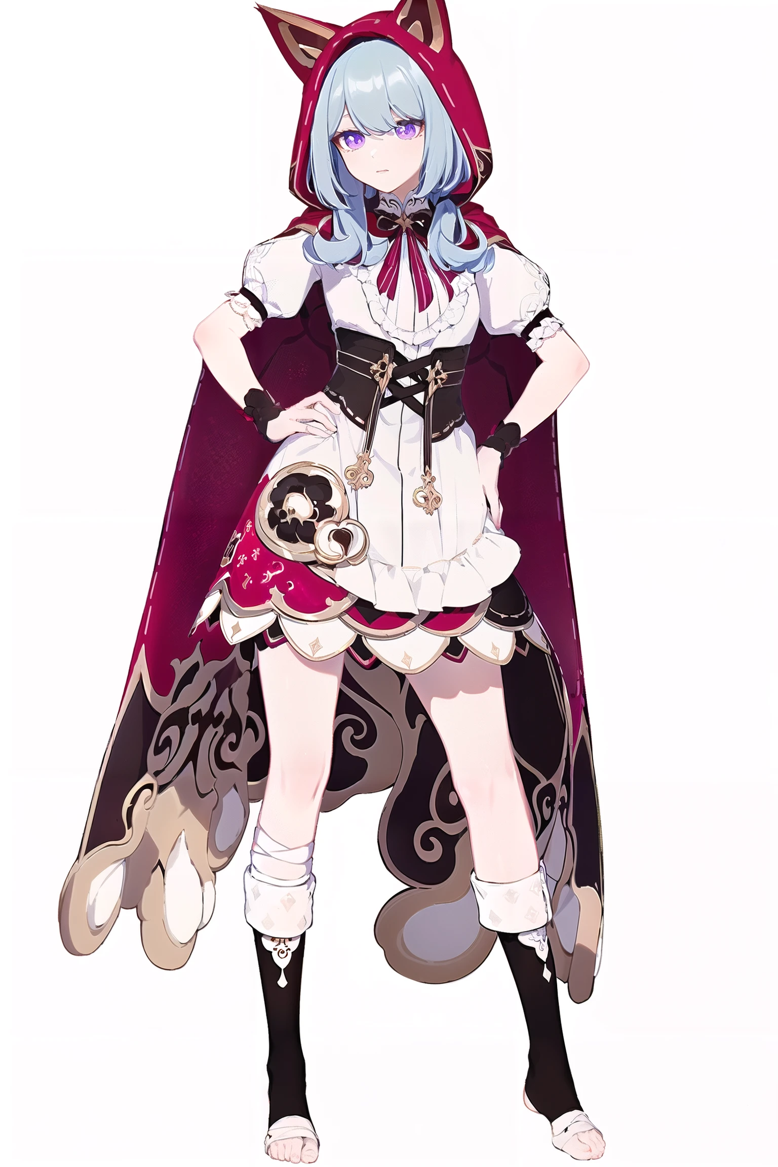 8k, best quality, masterpiece, (ultra-detailed:1.1), (high detailed skin),
(full body:1.2), white background, standing, looking at viewer, (solo:1.4), hand on hip,
<lora:rglx-v100:0.8:lbw=OUTALL>, (rglx:1.2), 1girl, purple eyes, red hood, cat ears hood, dress, cloak, white waist apron,
(white background, simple background:1.5),
(beautiful_face), ((intricate_detail)), clear face,
((finely_detailed)), fine_fabric_emphasis,
((glossy)), full_shot,