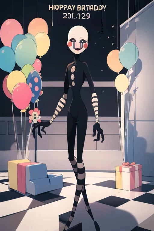 <lora:puppet-10:1> puppet, solo, holding balloons, big birthday cake, checkered floor, masterpiece, best quality