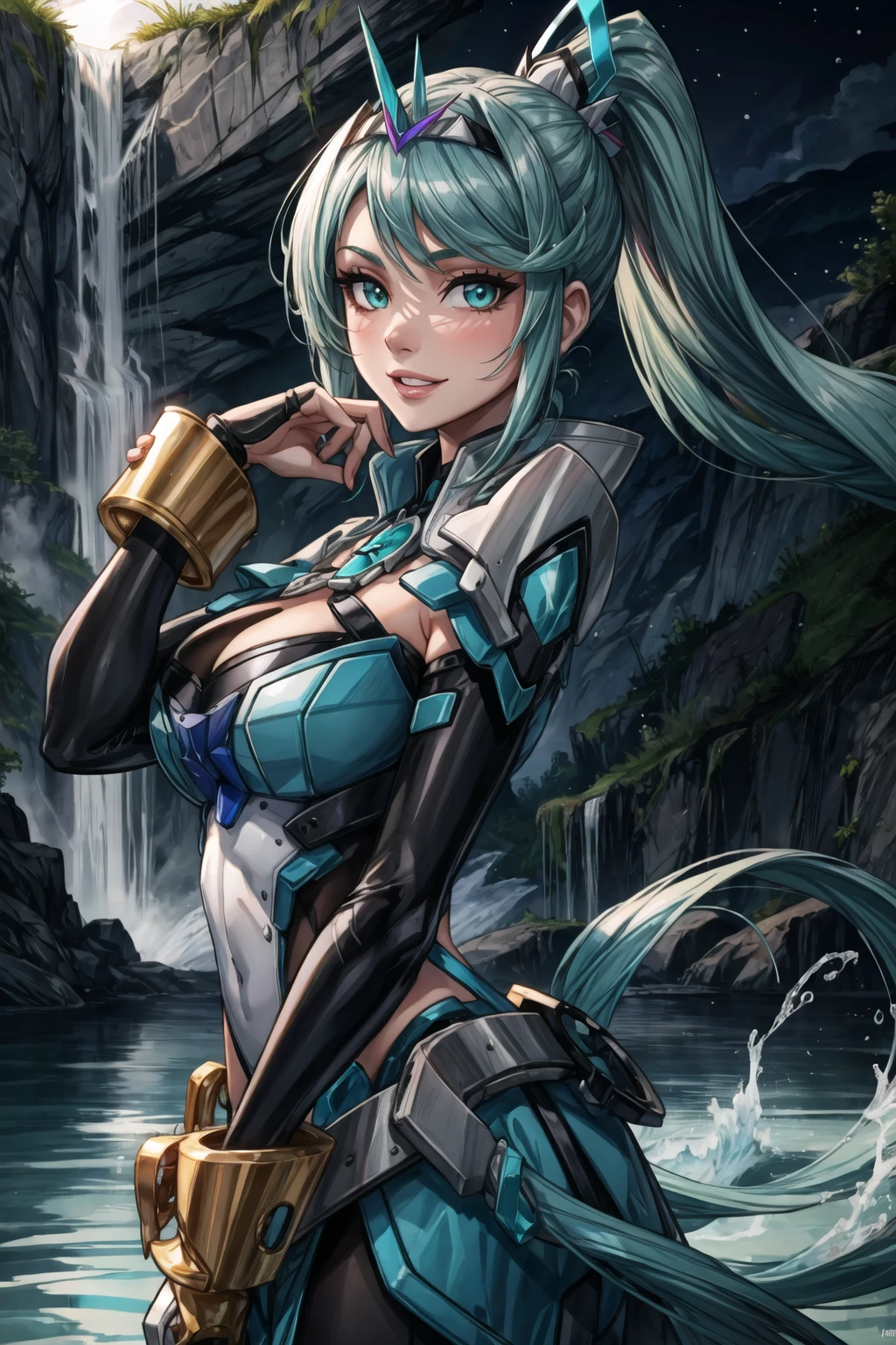 masterpice, best quality, (absurdres), subsurface scattering, 1girl, solo, EPxbcPneuma, <lora:EPxbcPneuma:0.7>, (beautiful face), (looking at viewer:1.1), full lips, green_hair, long_hair, large_breasts,
BREAK
detailed background, artistic lighting,
BREAK
depth of field, niagara falls, evening, arm support, ghost costume, tiara, trainers, light smile