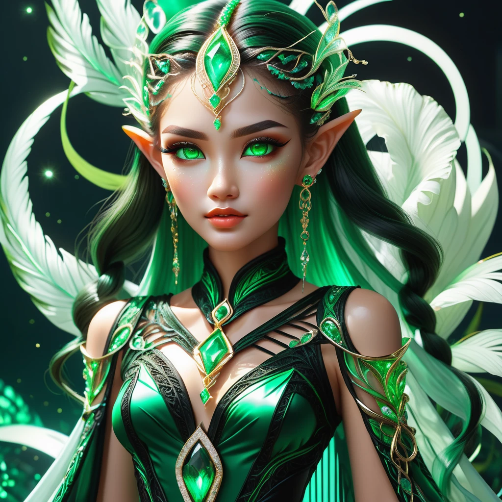 hyper detailed masterpiece, dynamic, awesome quality,DonM3lv3sXL female retirement age, broad-shouldered, polynesian, emerald eyes, curved nose, hollow cheeks, diamond face shape with angular cheeks, freckles, jet black waterfall braid hair, excitement wearing harem pants, wrap top, ,pendant , hands behind back, suggesting confidence or restraint, tailored full body clothing, mock neck, plasma-lace lace, three-quarter sleeves, mini length, natural waist, ball gown skirt, allover print,pockets,,cargo pockets,,illusion back <lora:DonM3lv3sXL-000005:0.85>